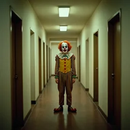 clown, man standing in a hallway, 1 9 4 0 s architecture, surreal photography, symmetry, mid century, liminal space, soft lighting, creepy, horror, macabre, bioluminescence, annie leibovitz