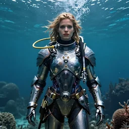 detailed ultrarealistic photography front medium shot of deepsea diving suit templar knight girl, avatar, fantasy, waterworld, postapocalyptic, cyberpunk cyborg, leyendecker, norman rockwell, greg rutkowski, artstation cinematic, vray game of thrones, lord of the rings, starwars