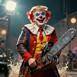 portrait of donald trump as a clown, laughing and holding a chainsaw in gears of war, splash art, movie still, cinematic lighting, ray tracing, octane render, long lens, shallow depth of field, bokeh, anamorphic lens flare, 8 k, hyper detailed, 3 5 mm film grain
