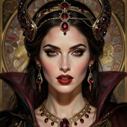 portrait of megan fox as a vampire queen, jewelry, greek, dark ruby, intricate, headshot, highly detailed, digital painting, artstation, concept art, sharp focus, cinematic lighting, illustration, art by artgerm and greg rutkowski, alphonse mucha, cgsociety