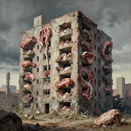 brutalist building turning into meat, post apocalyptic, painted by beksinski