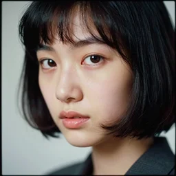ektachrome, 3 5 mm, highly detailed : incredibly realistic, youthful asian demure, perfect features, feminine cut, beautiful three point perspective extreme closeup 3 / 4 portrait photo in style of chiaroscuro style 1 9 8 0 s frontiers in flight suit cosplay vogue fashion edition,
