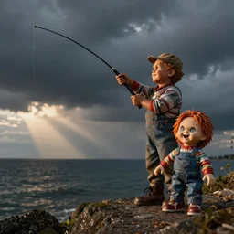fisherman catching a screaming chucky doll