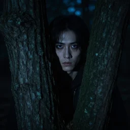 a dark creepy man with bright eyes hiding behind a tree in the woods at night staring