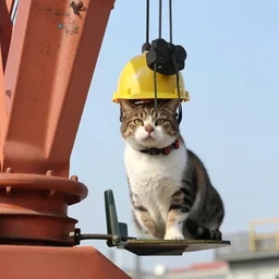 cat in a safety helmet, operating industrial crane machine