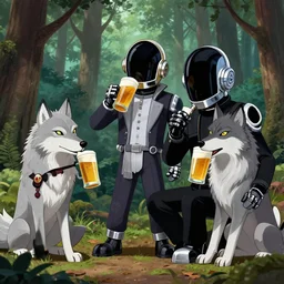 A Daft Punk wolf pack are drinking beer in the forest