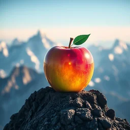 a holographic apple is sitting on the peak of mount everest, clear focus, bokeh effect, high res, hasselblad, dslr