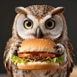 a cute owl eating a hamburger, macro photo, photo realistic, well detailed, photo studio