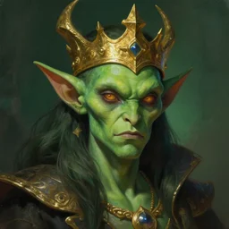 portrait of the goblin king. green skin, gold crown. fantasy, digital painting, hd, detailed.