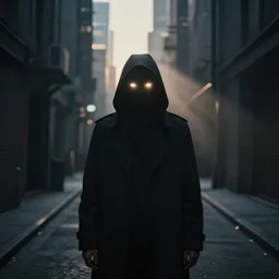 futuristic urban city at dusk. figure is obscured by darkness with two bright, shining eyes peering out from the shadows of an alley. cgartist. leading lines. volumetric lighting. god rays.
