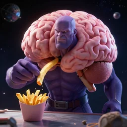 thanos with a giant brain eating french fries in outer space