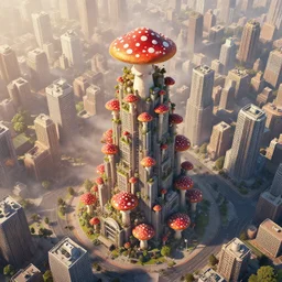 a magnificent mushroom skyscraper in a solarpunk city, red and white spotted mushroom, faint gentle fog, lat lighting, highly populated and full of life, isometric aerial view, epic sense of scale, digital art by beeple, trending on artstation