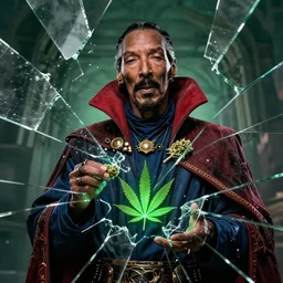 snoop dogg as doctor strange, marijuana, marijuana leaves, green light,, multiple dimensions, shattered glass, refractions, highly detailed, cinematic by francis tneh, marvel cinematic universe, mcu, photo