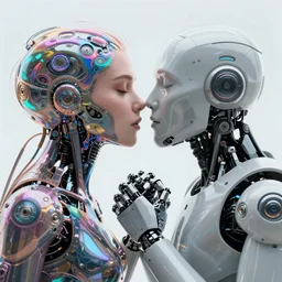 two robots imitating the kiss of victory, female face, cyberpunk cyborg, sci - fi, intricate abstract upper body intricate artwork, by tooth wu, wlop, beeple, dan mumford. concept art, octane render, deviantart, greg rutkowski, cinematic arthouse, key art, hyper realism, iridescent accents
