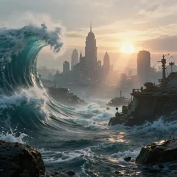 a submerged city by james paick, big waves, matte painting, 3 5 mm lens, early morning sunrise, dramatic lighting, cinematography, game environment design, cinematic, global illumination, highly detailed, trending on artstation, deviant art, bloom