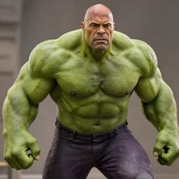 a still portrait dwayne johnson as a bald green all over incredible hulk, cinematic, shallow depth of field