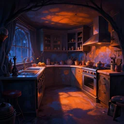 curved perspective digital art of a dark kitchen from Tim Burtons Nightmare Before Christmas by Petros Afshar, orange light blue shadows