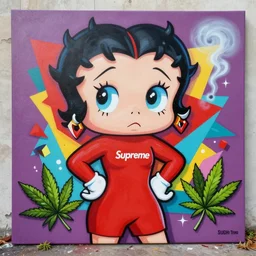 betty boop painting by sachin teng x supreme, matte paint, street art, : 5 marijuana, graffiti, smoke, hard edges, geometric shapes, by sachin teng : 6