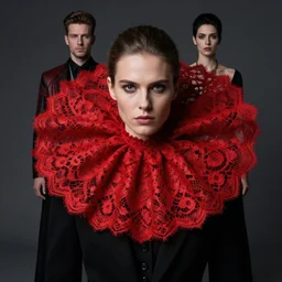 a female model by stefan geselle and nekro borja, photorealistic, intricate details, hyper realistic, big red lace colar, photorealistic, canon r 3, photography, wide shot, photography, dark beauty,
