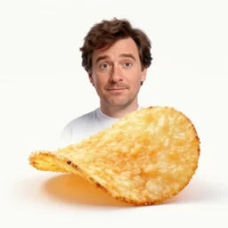 photo of [ a single salted fried potato chip ] that looks like stephen fry as a pixar character hybrid intercross mix cinematic lighting