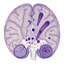 photo taken with a light microscope showing spongiform degeneration in the cerebral cortex of a patient who had died of creutzfeldt - jakob disease ( cjd ). the tissue section was embedded in paraffin - wax, sectioned at a thickness of approximately 5 - 1 0 microns, and stained with hematoxylin and eosin ( h & e ). several large, pyramid - shaped neurons can be seen, along with the nuclei of glial cells.