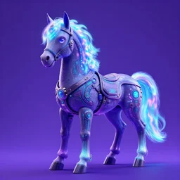 a beautiful full body portrait of a cute cyberpunk horse with bioluminescent mane and bioluminescent tail and neon hooves by sandra chevrier and greg rutkowski and wlop, purple blue color scheme, vaporware, retro, outrun, high key lighting, volumetric light, digital art, highly detailed, fine detail, intricate, ornate, complex, octane render, unreal engine, photorealistic
