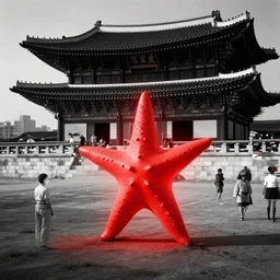 light coming out of one bull - like kaiju starfish monster, korean film noir, korean traditional palace, pyongyang city, 1 9 6 0 s, red color bleed, 4 k, video compression, video glitch, monochrome, akira kurosawa, mamoru oshii, wes anderson, stanley kubrick