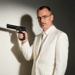 walter white in a white suit, holding a pistol, cinematic still, dramatic lighting, harsh light and shadows