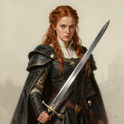 photo drawing painting portrait of a noble young woman with a sword in style of game art lord of the rings banner saga ashes of gods gantz photorealistic frank miller alex ross trending