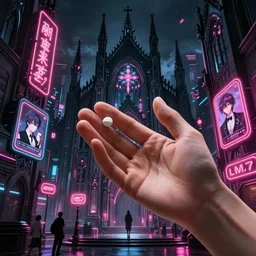 hand, white pill, Neon lights glow, very detailed, unreal engine, octane render, gothic, cyber noir, style Mochiduki Key, LM7,Arknights, Studio Ghibli, ufotable, drawn by tsutomu nihei and ash thorp and yoji shinkawa