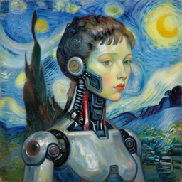 Van Gogh portrait painting of a cyborg girl with black and red robotic parts, medium shot, asymmetrical, profile picture, Organic Painting, sunny day, Matte Painting, bold shapes, hard edges, street art, trending on artstation, by Huang Guangjian and Gil Elvgren and Sachin Teng