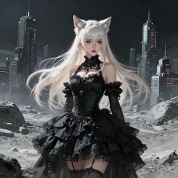 beautiful concept art of lunar cyberpunk city showing a beautiful girl with long platinum blonde hair, two - side up and cat ears standing in a black gothic frilly dress, ayami kojima, digital painting,!! super detailed!!, panorama, spectacular w - 7 6 8
