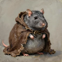 a obese gray sniveling rat person wearing a decaying brown cloak, color painting by john blanche