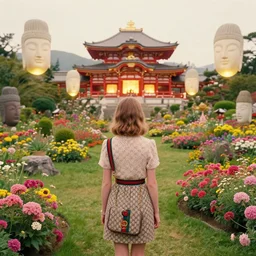 , movie still by wes anderson of a beautiful girl wearing gucci exploring a magical japanese garden of flowers, glowing temple in the distance, floating magical deity heads with gucci headdresses, miniature cities, cinestill 8 0 0 t eastmancolor technicolor, high quality, very detailed, heavy grain, fine facial features, 8 k, octane render
