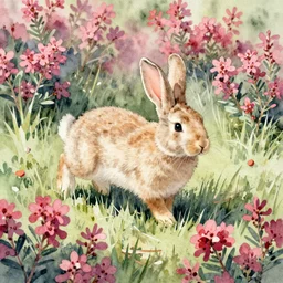 water color rabbit hopping in a field of juniper flowers