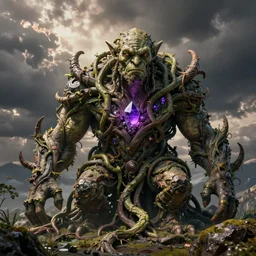 On a domed structure made of tentacled rock vines, there is an orc fused and blended with the vines, a purple crystal pulsing in his chest, orc on vines, orc fused with vines, orc merged with vines, Peter Mohrbacher, artwork by Peter Mohrbacher