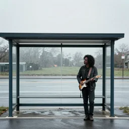 distant wide shot of a lonely black man with long curly hair, wearing glasses, holding a electric guitar, waiting at the bus stop on moody weather, rinat voligamsi