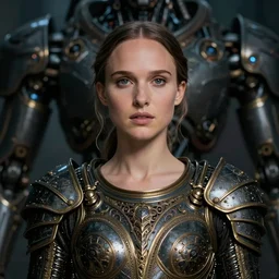 portrait of young natalie portman as warrior of dark futuristic robotic world, by jan van eyck, h r giger, mysticism, intricate, highly ornate dark gold trim armoury
