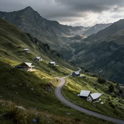 alpine landscape with windy road and modern houses designed by frank lloyd wright scattered on the mountainsides, photo realism, dramatic lighting, from a dream, high quality digital art, unreal engine