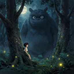 a small boy leaning on a tree encounters a giant furry one - eyed monster in a misty moonlit forest, painting by studio ghibli. surrounded by fireflies, cinematic lighting, trending on cgsociety