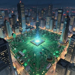 the city on the circuit board, amazing futuristic, scientific and technological sense. cinematic lighting, hyperdetailed, extra wide, japanese animation, greg rutkowski, james gurney, johannes voss.