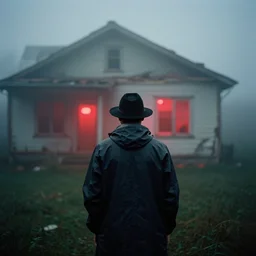 analog portrait photograph of a man from the back wearing a raincoat and a hat outside a demolished house and thick fog and mist at night by alex prager and mark owen. red lights. bokeh. cinematic. hq. detailed. contrast. cinestill 8 0 0 t