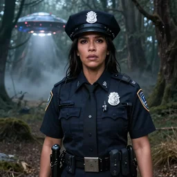 kim kardashian as a cop, police uniform, portrait, scared emotion, haunted forest with ufo sitting in the distant fog, pretty, aesthetic, dust molecules, matte detailed photo, DeviantArt, Artstation, by donato giancola, ralph horley, loish, ufo lighting