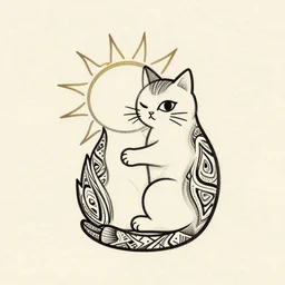 tattoo sketch of a one eyed cat, hugging the sun, draft, maori ornament, polinesian style, minimalism, vector