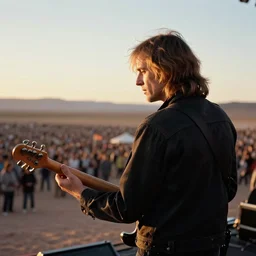 portrait photograph of jimmy page from the back performing in the atacama desert by mark owen. crowd in the background. kodak portra film!!. whirl bokeh!!. mamiya 7. highly detailed. hq. photoreal. golden hour. in - frame