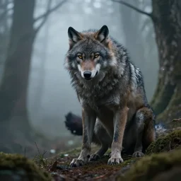 a werewolf crouched in a foggy forest, fantasy Art by John Stephans Hyper detailed digital matte painting, concept art, hyperrealism, Cinema 4D, 8k resolution, 64 megapixels, coherent, bokeh, CGSociety, ZBrush Central, behance HD, hypermaximalist, a masterpiece, 4K