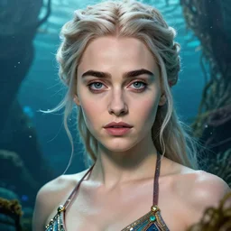 emilia clarke as khaleesi mermeid with a piercing gaze wearing an enchanted bikini in an underwater magical forest, highly detailed face, realistic face, beautiful detailed eyes, fantasy art, in the style of artgerm, illustration, epic, fantasy, intricate, hyper detailed, artstation, concept art, smooth, sharp focus, ray tracing, vibrant, photorealistic
