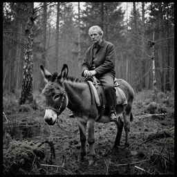 a movie still by tarkovsky of le gros gus on a donkey in a swamp with pine forest backround, mossy, by night, cinestill 8 0 0 t 3 5 mm b & w, heavy grain, high quality, noir, natural textures, photorealistic, ambient occlusion, hd, mud, fog, criterion collection