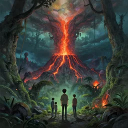 greg manchess concept art of a the volcanic jungle dimension, key visual, ambient lighting, highly detailed, digital painting, artstation, concept art, sharp focus, by makoto shinkai and akihiko yoshida and hidari and wlop and greg rutkowski