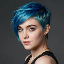photo of young cute punk woman with blue pixie cut posing, maisie williams